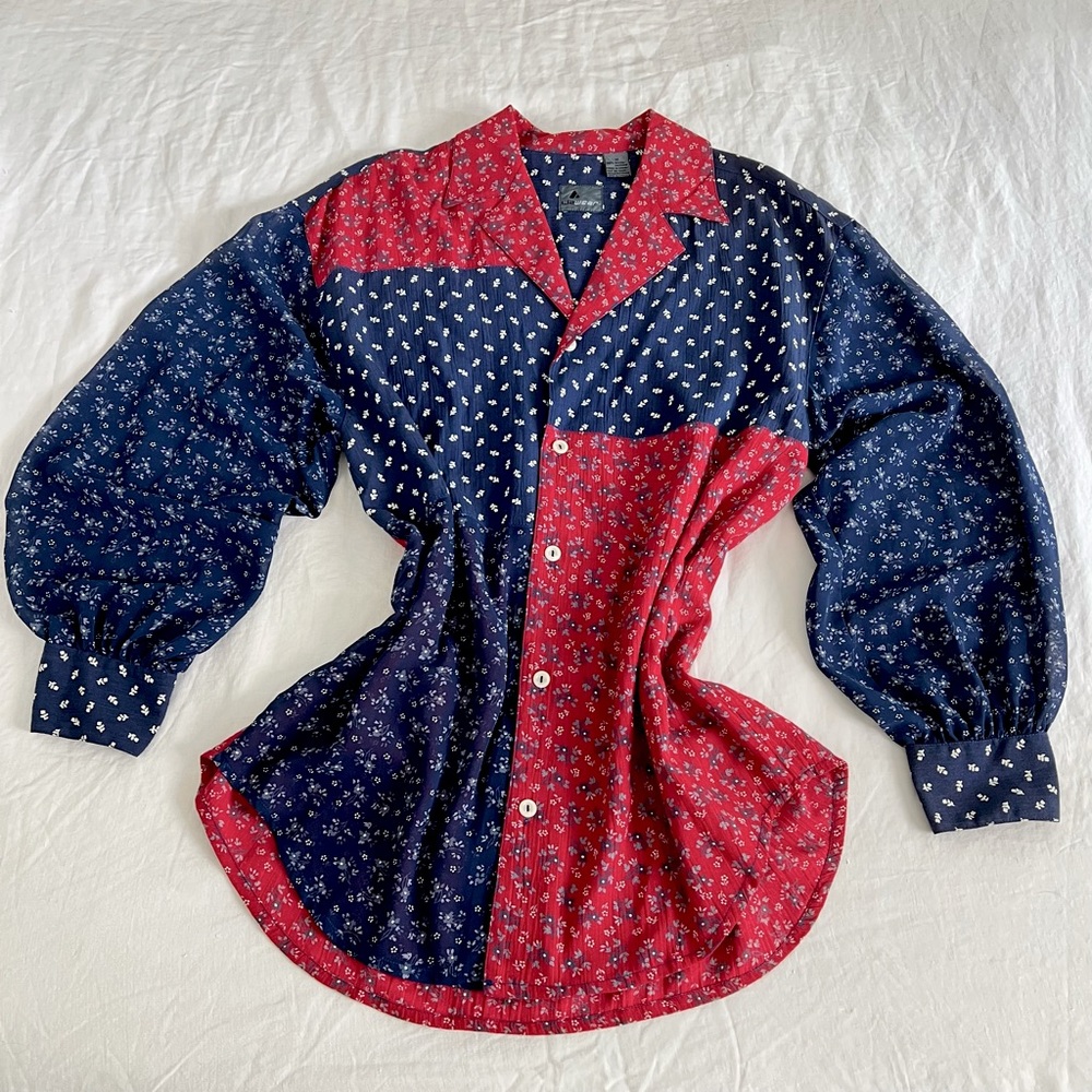 VINTAGE/ bandana + floral balloon sleeve patchwork blouse